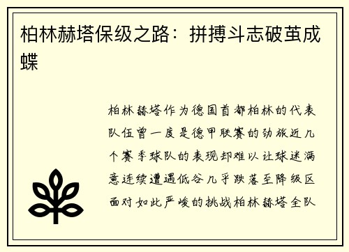 柏林赫塔保级之路：拼搏斗志破茧成蝶